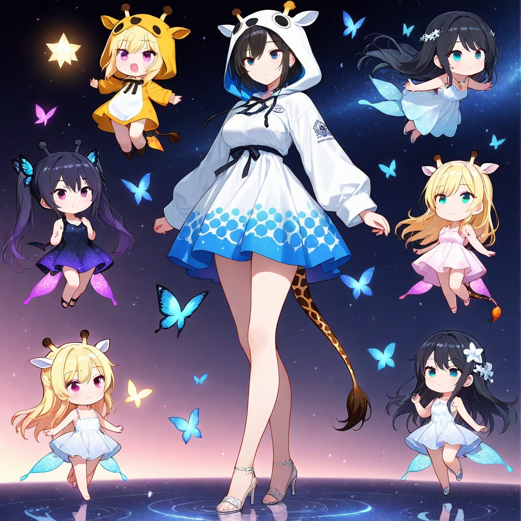 宇宙がモチーフのアニマルフーディーお姉さんとちび子ちゃんたちと蝶々