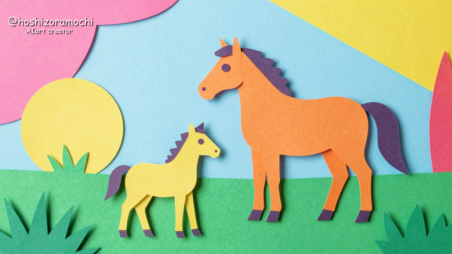 カラフルペーパーの親子馬 | の人気AIイラスト・グラビア