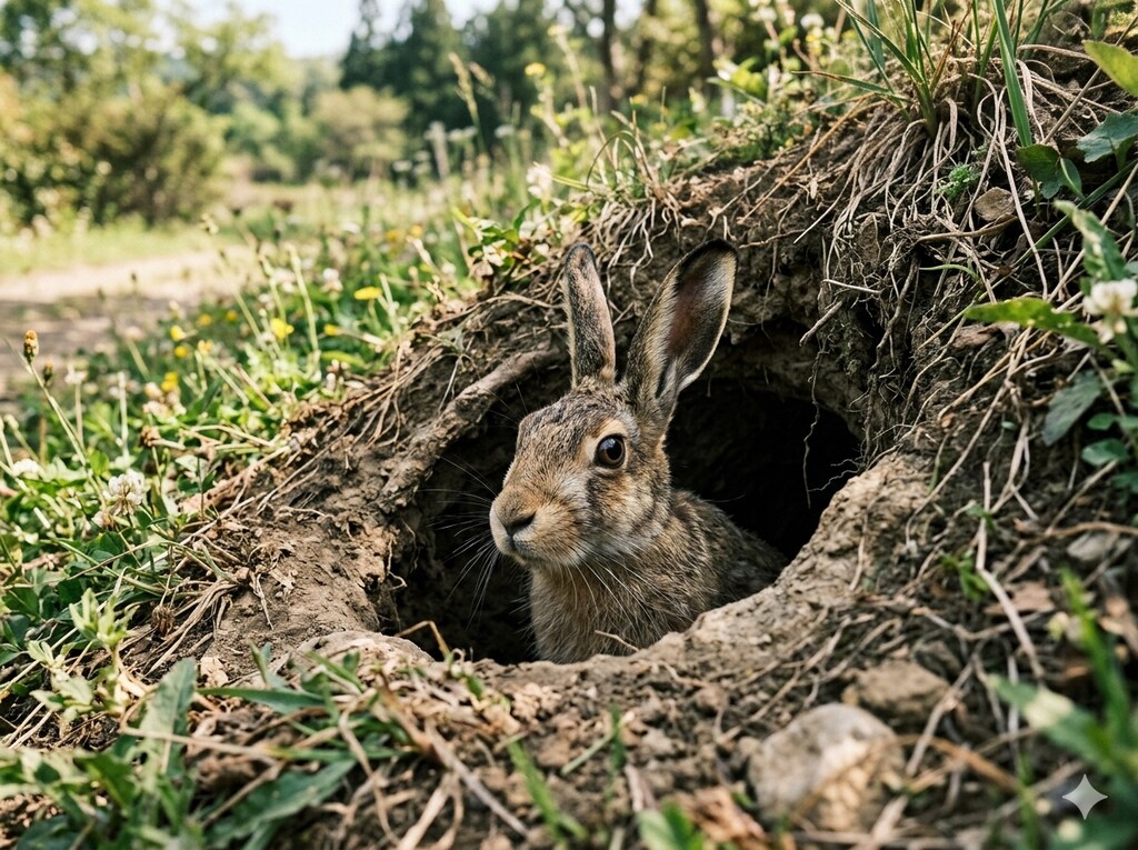 穴から外の様子をうかがうウサギ