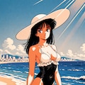 64色(6-bit color)の80年代のシティポップポスター風　砂浜の17yo lady 2枚目