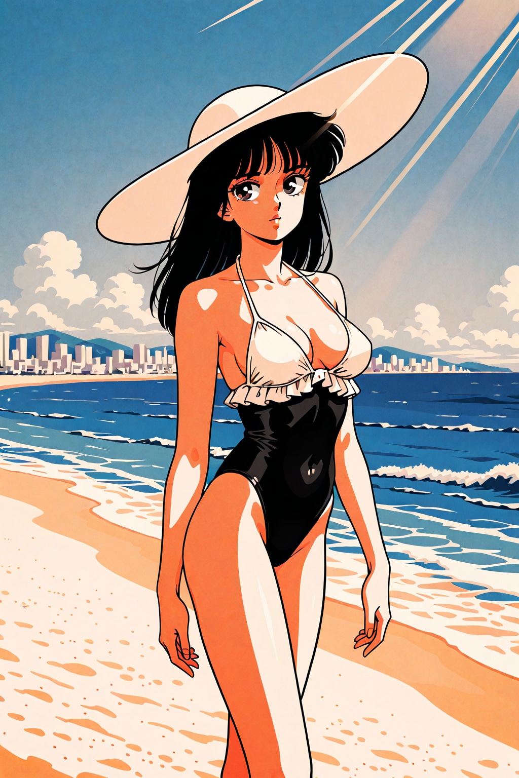 64色(6-bit color)の80年代のシティポップポスター風　砂浜の17yo lady