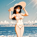 64色(6-bit color)の80年代のシティポップポスター風　砂浜の17yo lady 4枚目