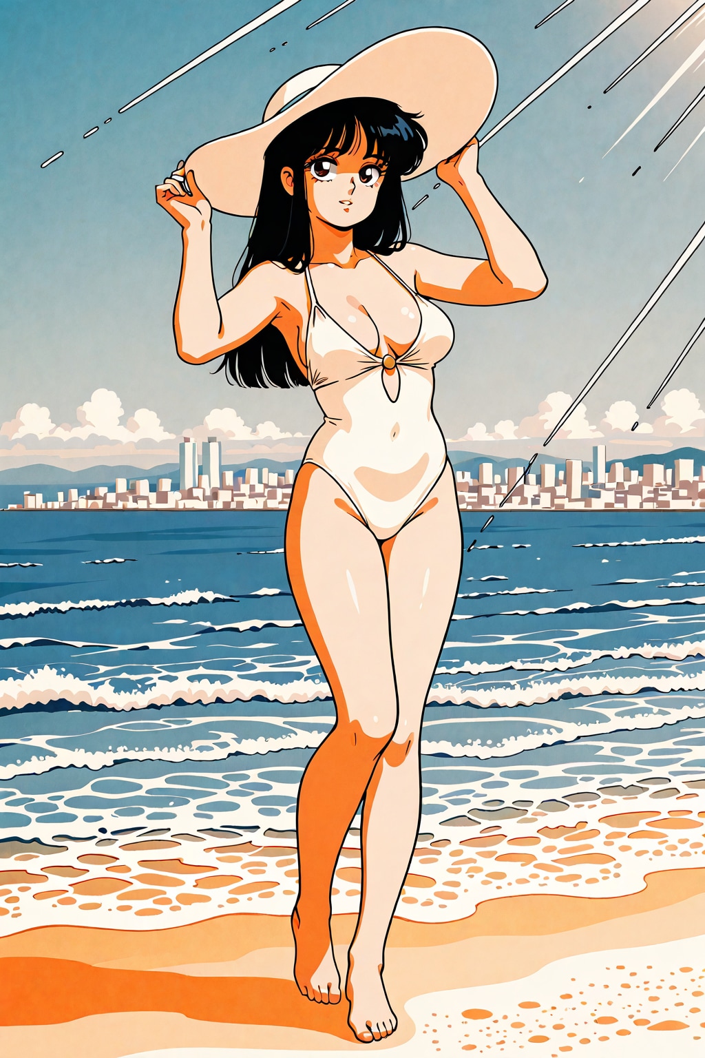 64色(6-bit color)の80年代のシティポップポスター風　砂浜の17yo lady