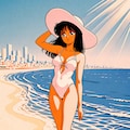 64色(6-bit color)の80年代のシティポップポスター風　砂浜の17yo lady 3枚目