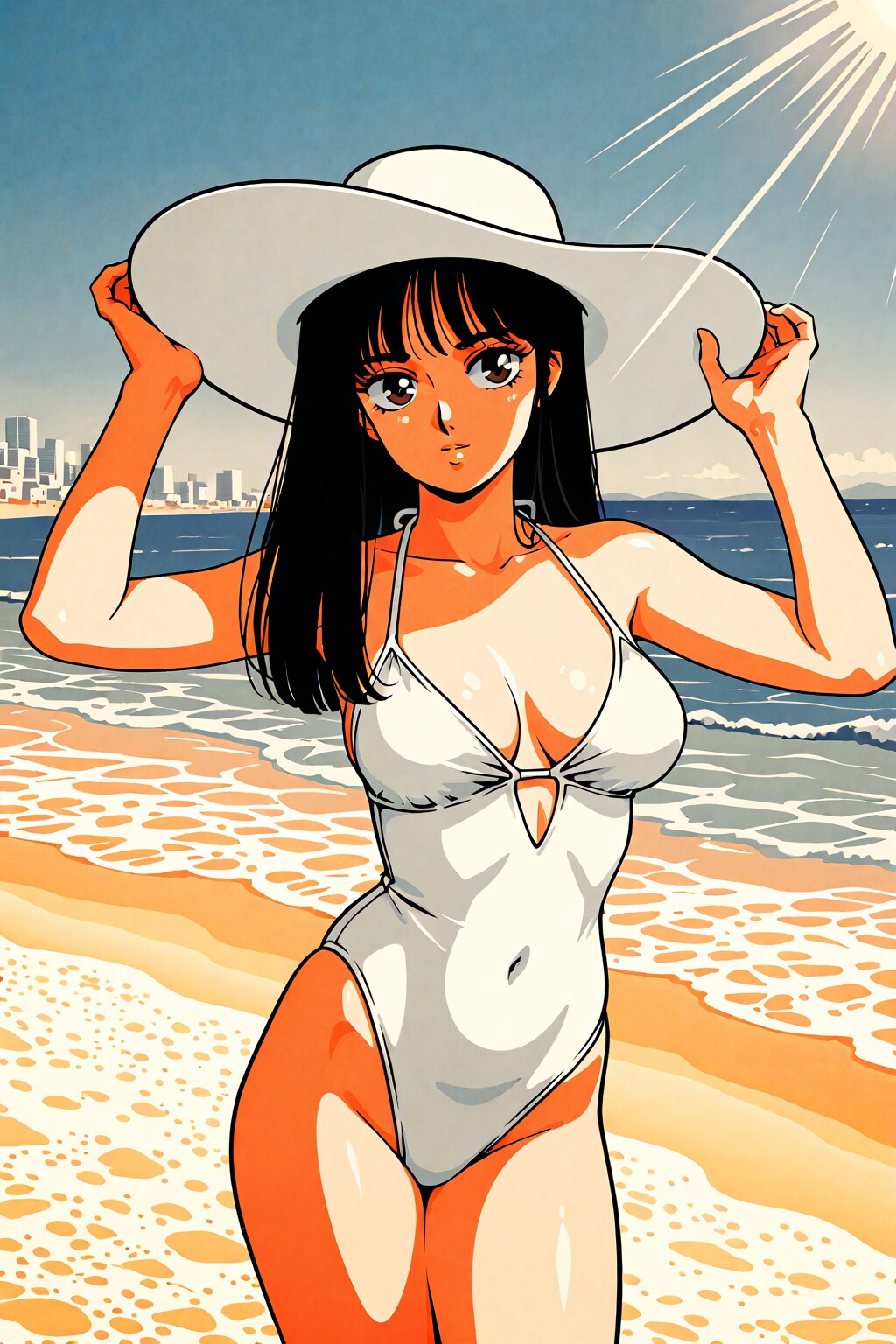 64色(6-bit color)の80年代のシティポップポスター風　砂浜の17yo lady