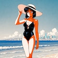64色(6-bit color)の80年代のシティポップポスター風　砂浜の17yo lady 5枚目