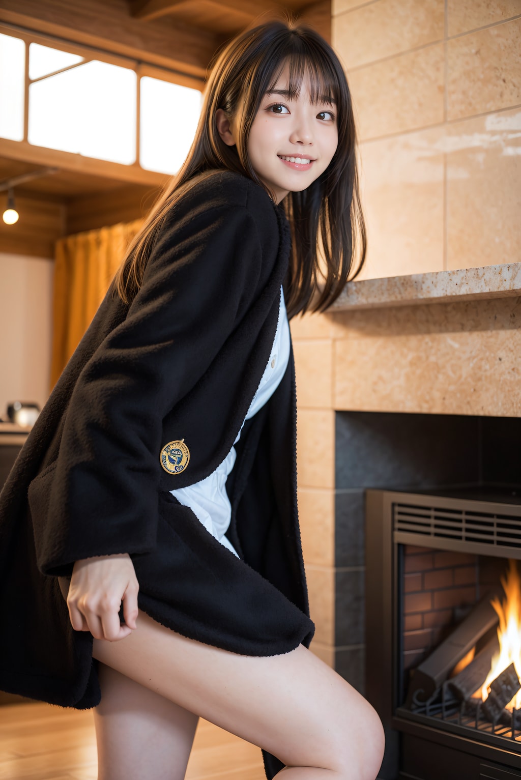 暖炉のある部屋の女性 4