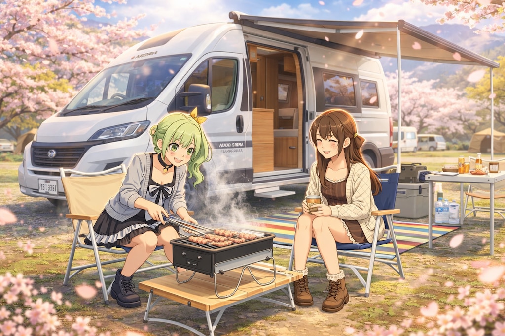 桜咲くキャンプ場のBBQタイム