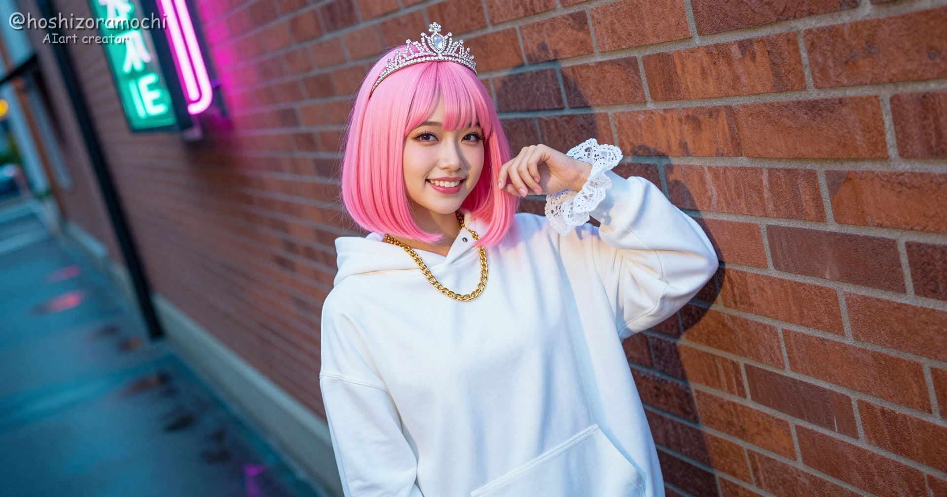 ストリート・プリンセス｜レンガ街に映えるピンクボブ＆ティアラのネオ・ガール👑💖大通りの裏路地🧱✨
