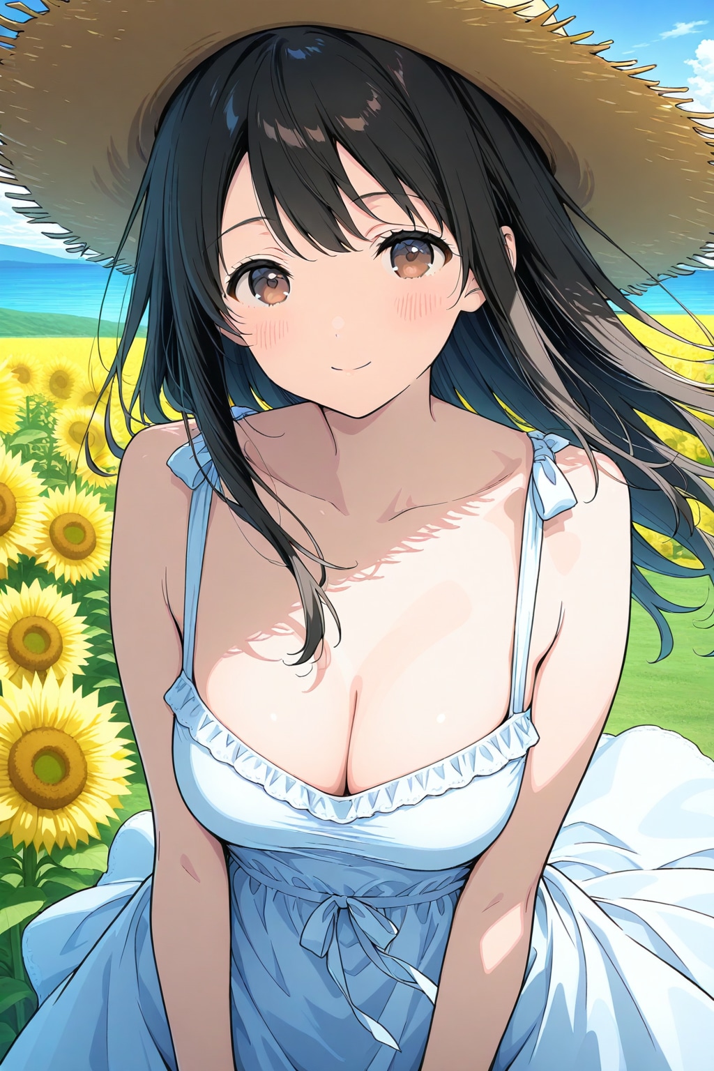 ひまわり畑とワンピースと麦わら帽子の黒髪美少女🌻👗👒☀️❤️