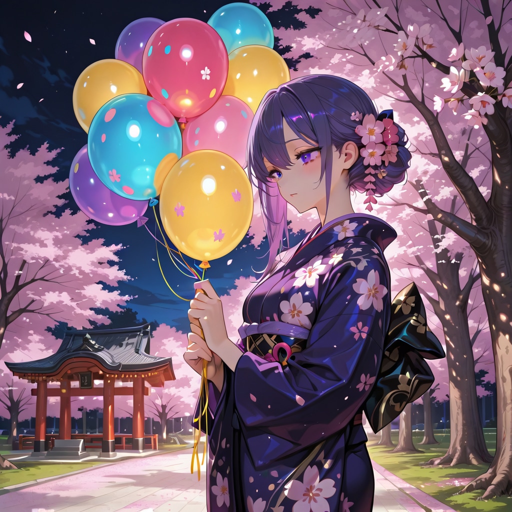 夜桜咲く公園でいっぱい色とりどりの風船を持つ紫髪ロングの花柄の着物着た美女 | の人気AIイラスト・グラビア