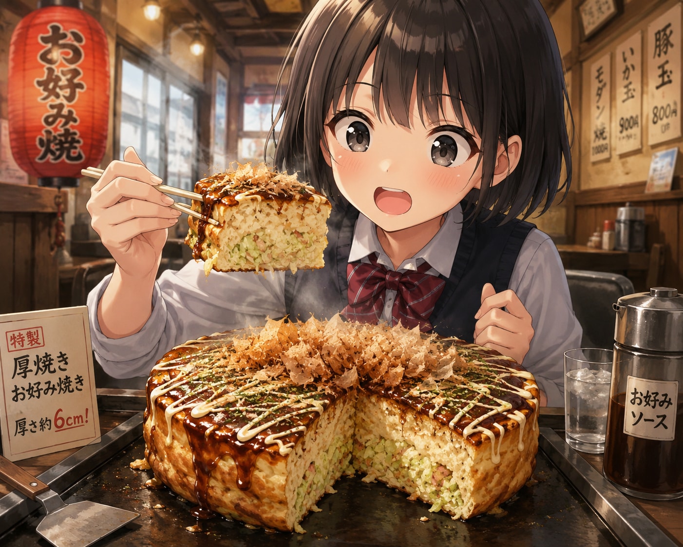 分厚いお好み焼きを食べている女の子 | の人気AIイラスト・グラビア