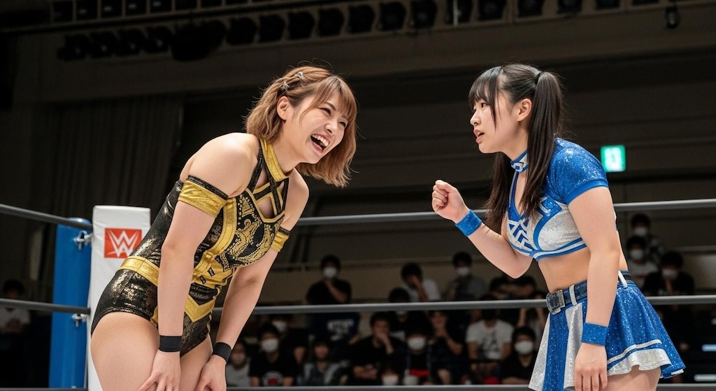 NAOKO(30) VS MIKURU(18) 試合開始直前、2人はお互い睨み合いながら挑発的な言葉を交わす。