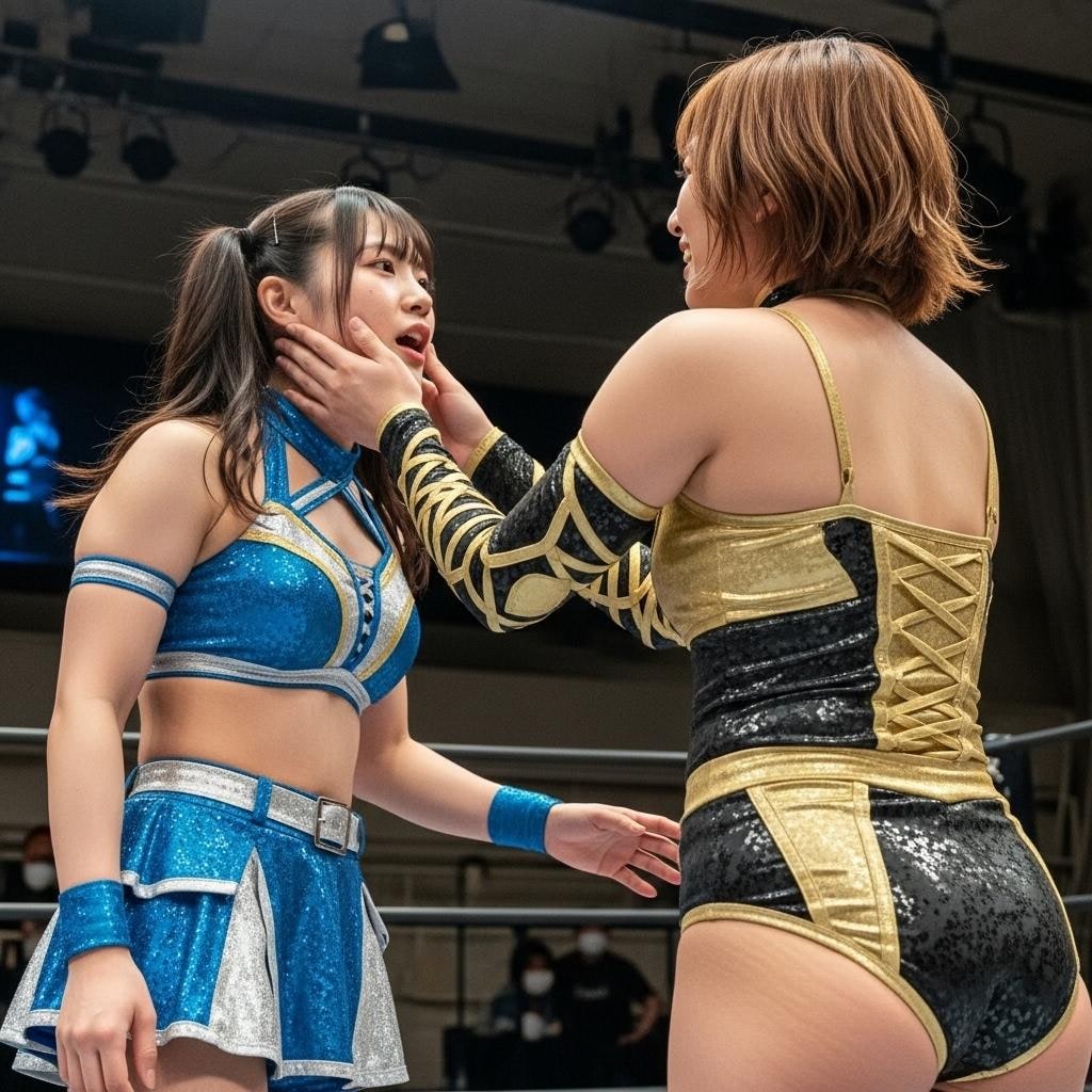 NAOKO(30) VS MIKURU(18) 試合開始直前、2人はお互い睨み合いながら挑発的な言葉を交わす。