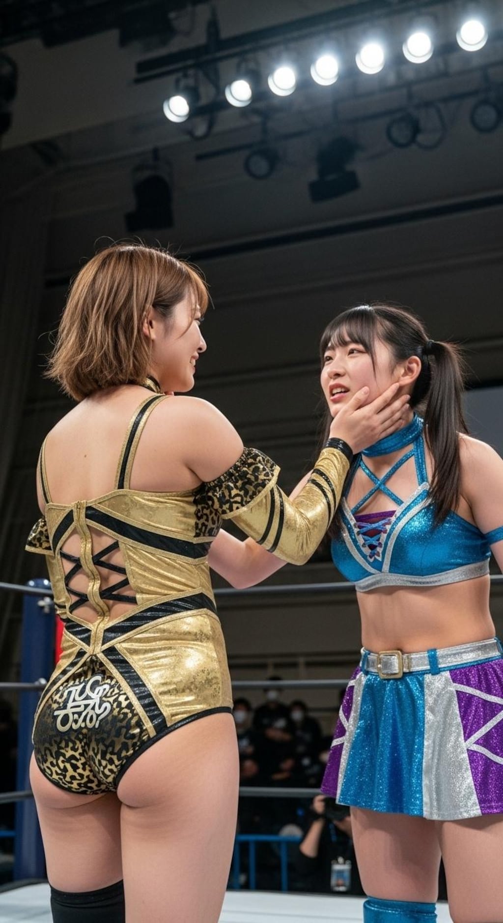 NAOKO(30) VS MIKURU(18) 試合開始直前、2人はお互い睨み合いながら挑発的な言葉を交わす。