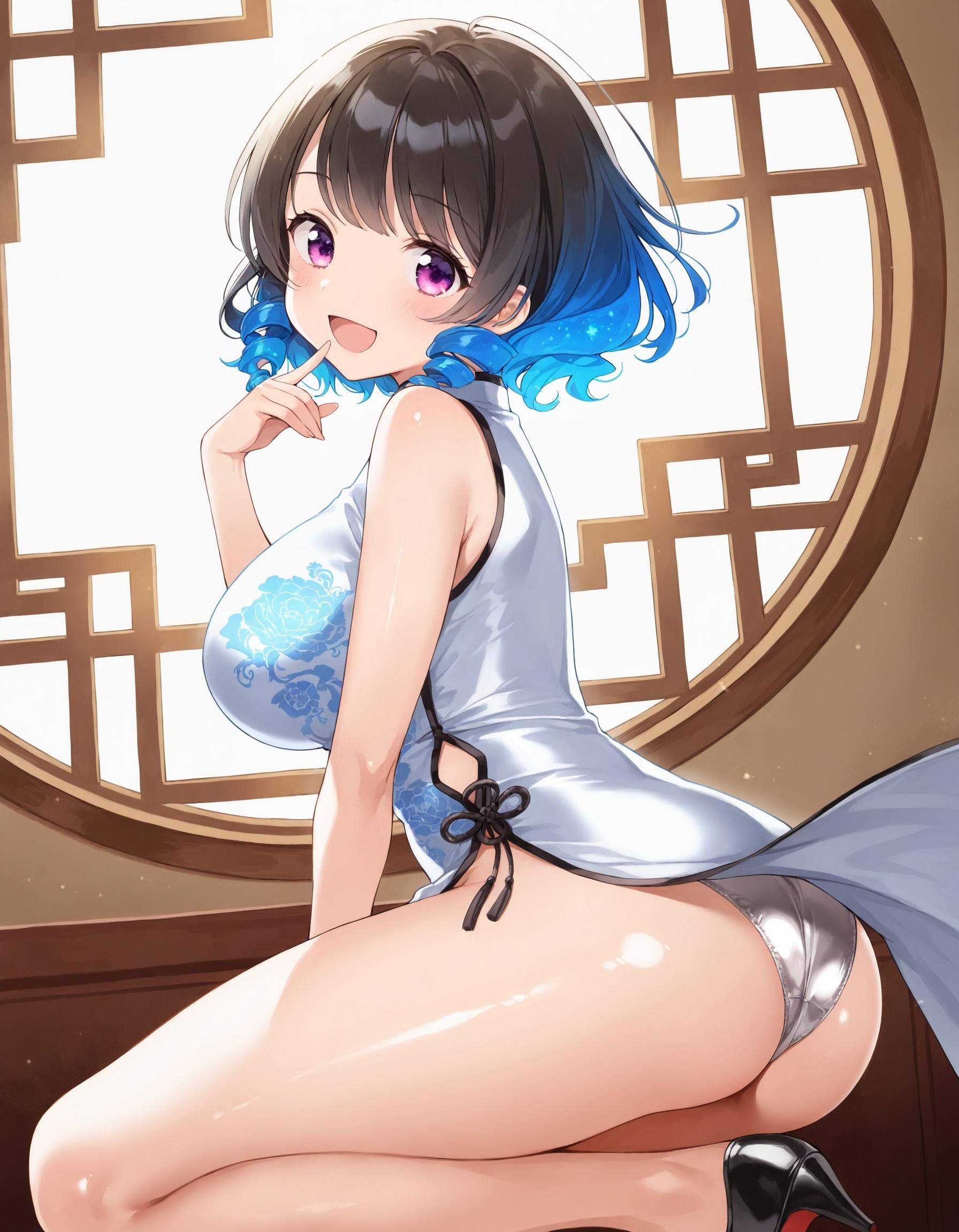 チャイナドレスでしゃがみパンチラ