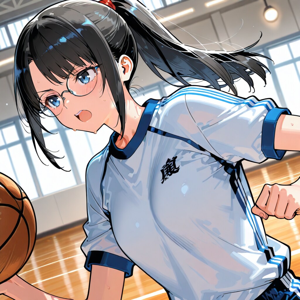 バスケをするポニテメガネっ娘ちゃん