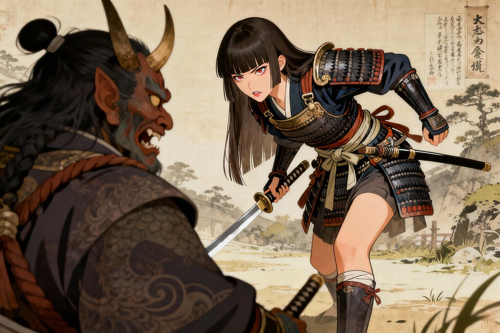 女侍鬼退治之図