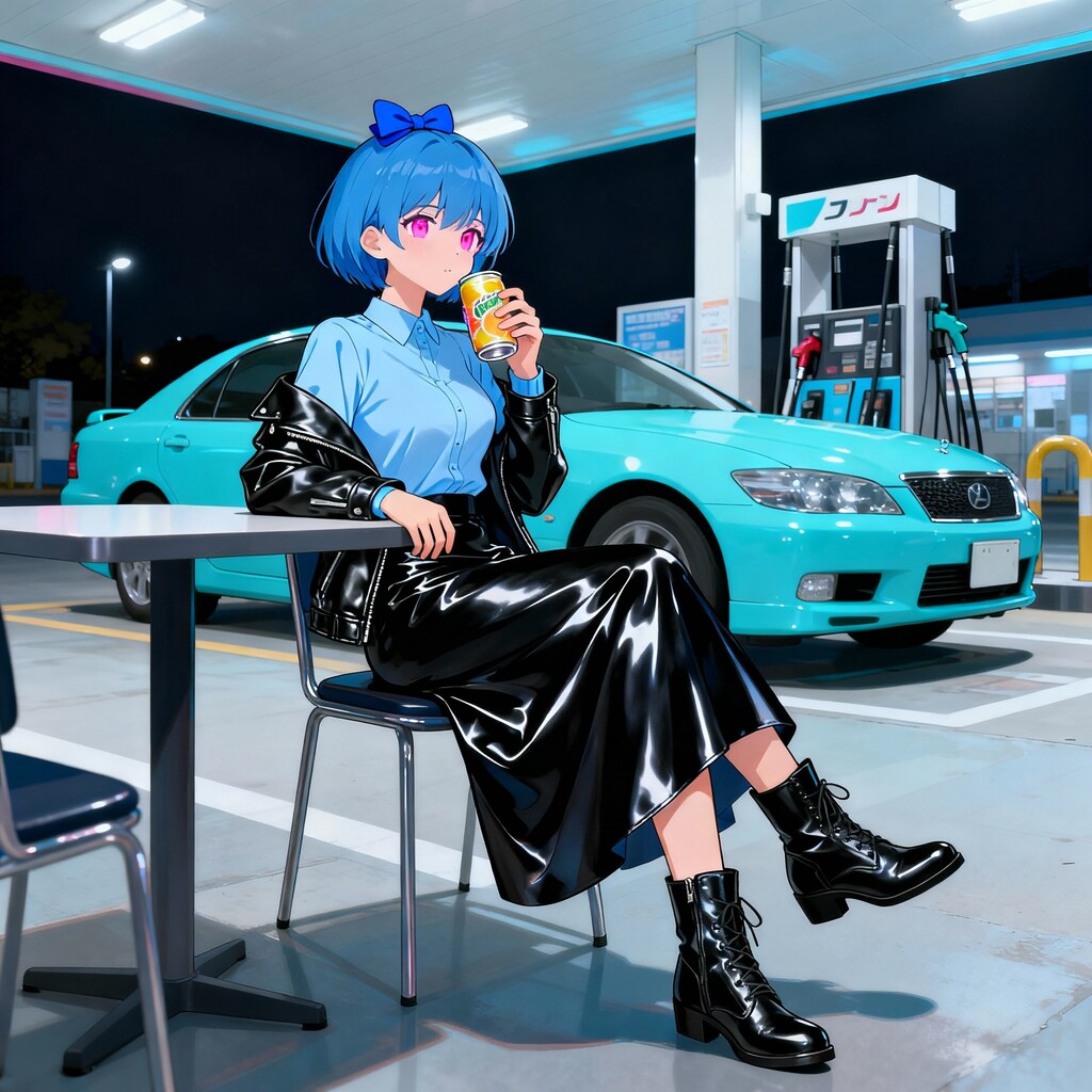 かおりちゃん　ガソリンスタンドで休憩