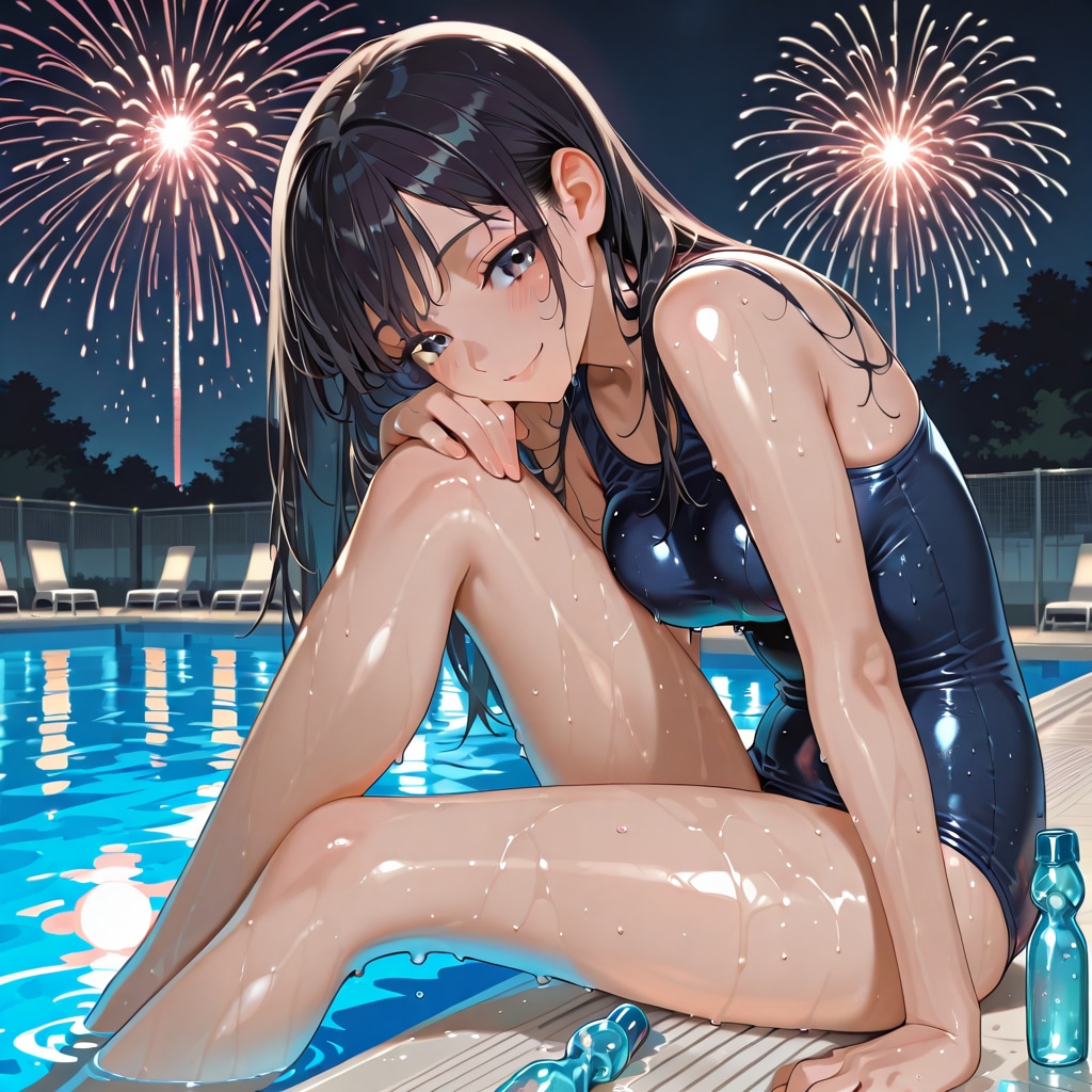 花火が上がってる中プール