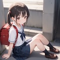 地べたに座るセーラー服+ランドセルの女の子 5枚目