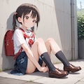 地べたに座るセーラー服+ランドセルの女の子 9枚目