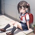 地べたに座るセーラー服+ランドセルの女の子 6枚目