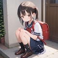 地べたに座るセーラー服+ランドセルの女の子 2枚目