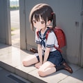 地べたに座るセーラー服+ランドセルの女の子 11枚目