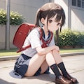 地べたに座るセーラー服+ランドセルの女の子 8枚目
