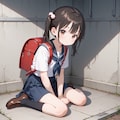 地べたに座るセーラー服+ランドセルの女の子 3枚目