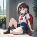 地べたに座るセーラー服+ランドセルの女の子 4枚目