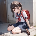 地べたに座るセーラー服+ランドセルの女の子 10枚目