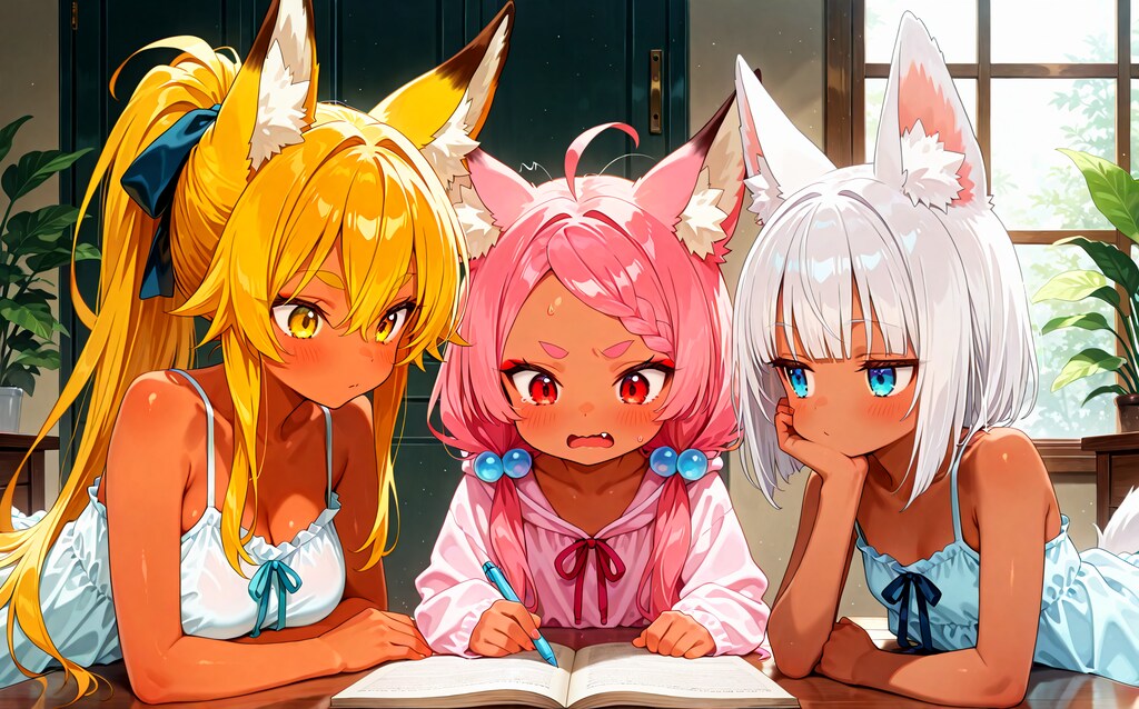 慌てて宿題をする桃狐ちゃん