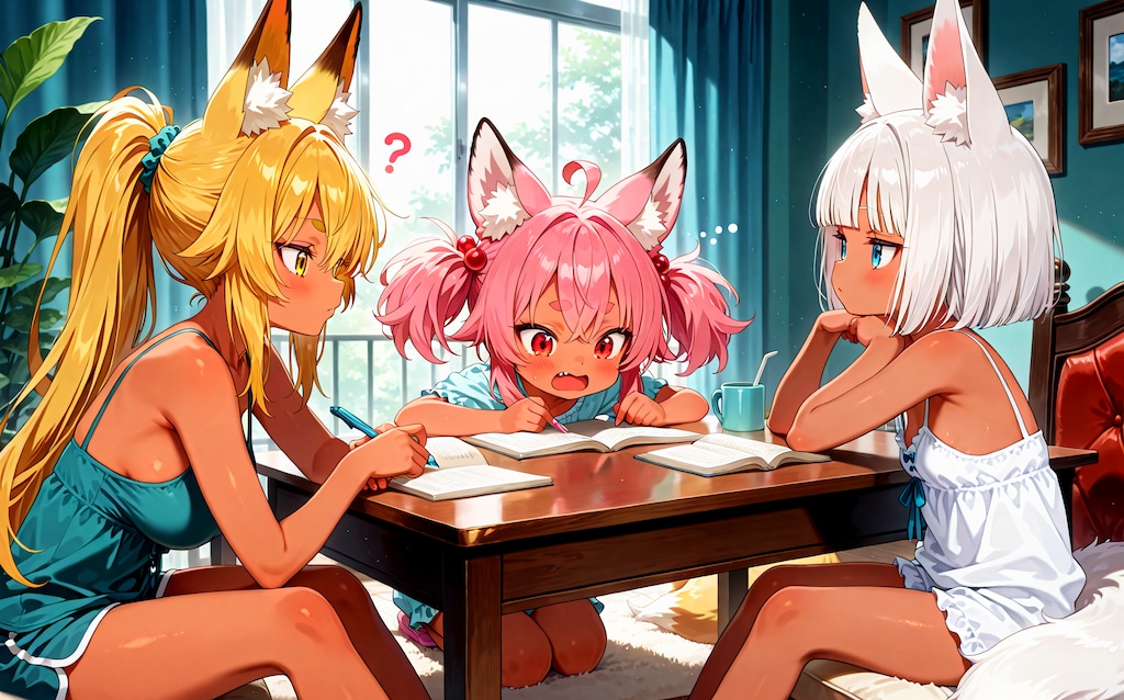 慌てて宿題をする桃狐ちゃん