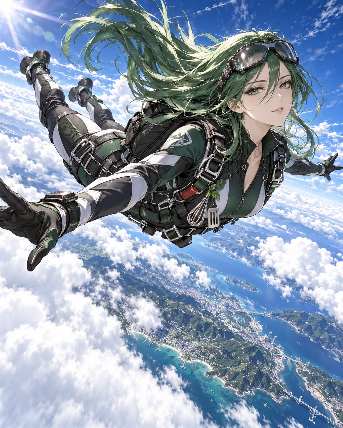 蒼穹のフリーフォール ― 緑風を纏うクールビューティー ― | の人気AIイラスト・グラビア