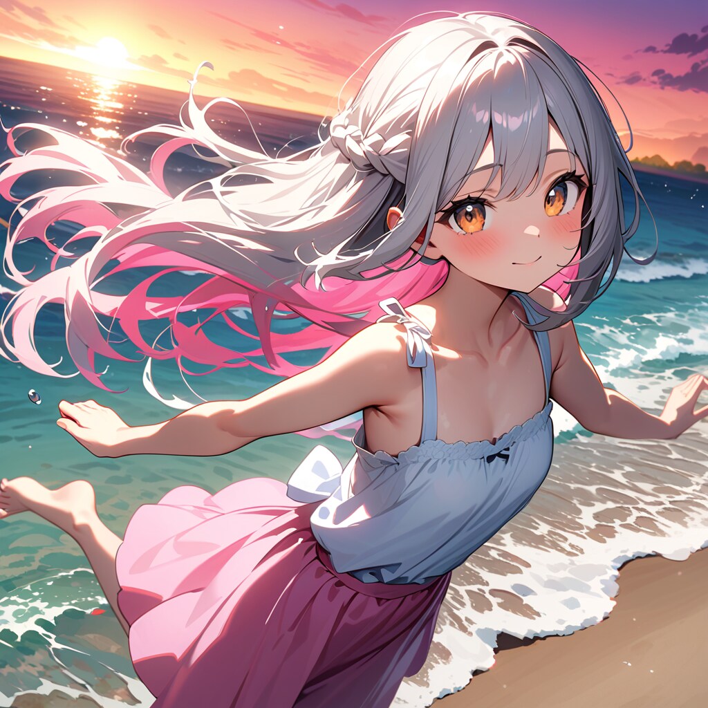 夕暮れ浜辺の銀髪ちゃん