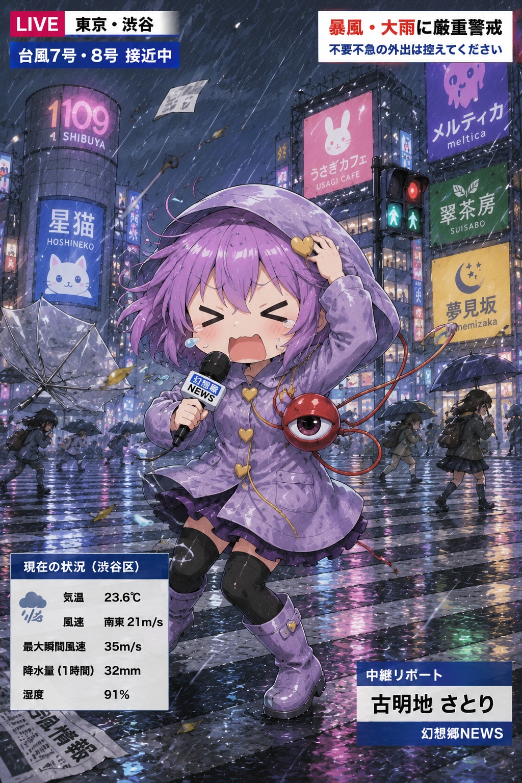 台風中継をするさとりちゃん