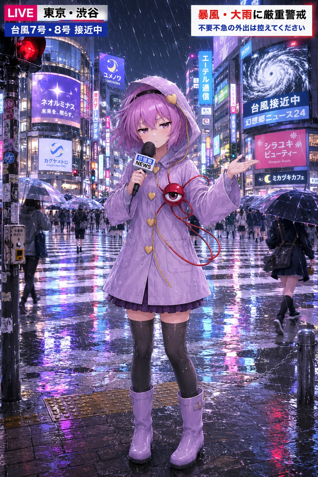 台風中継をするさとりちゃん