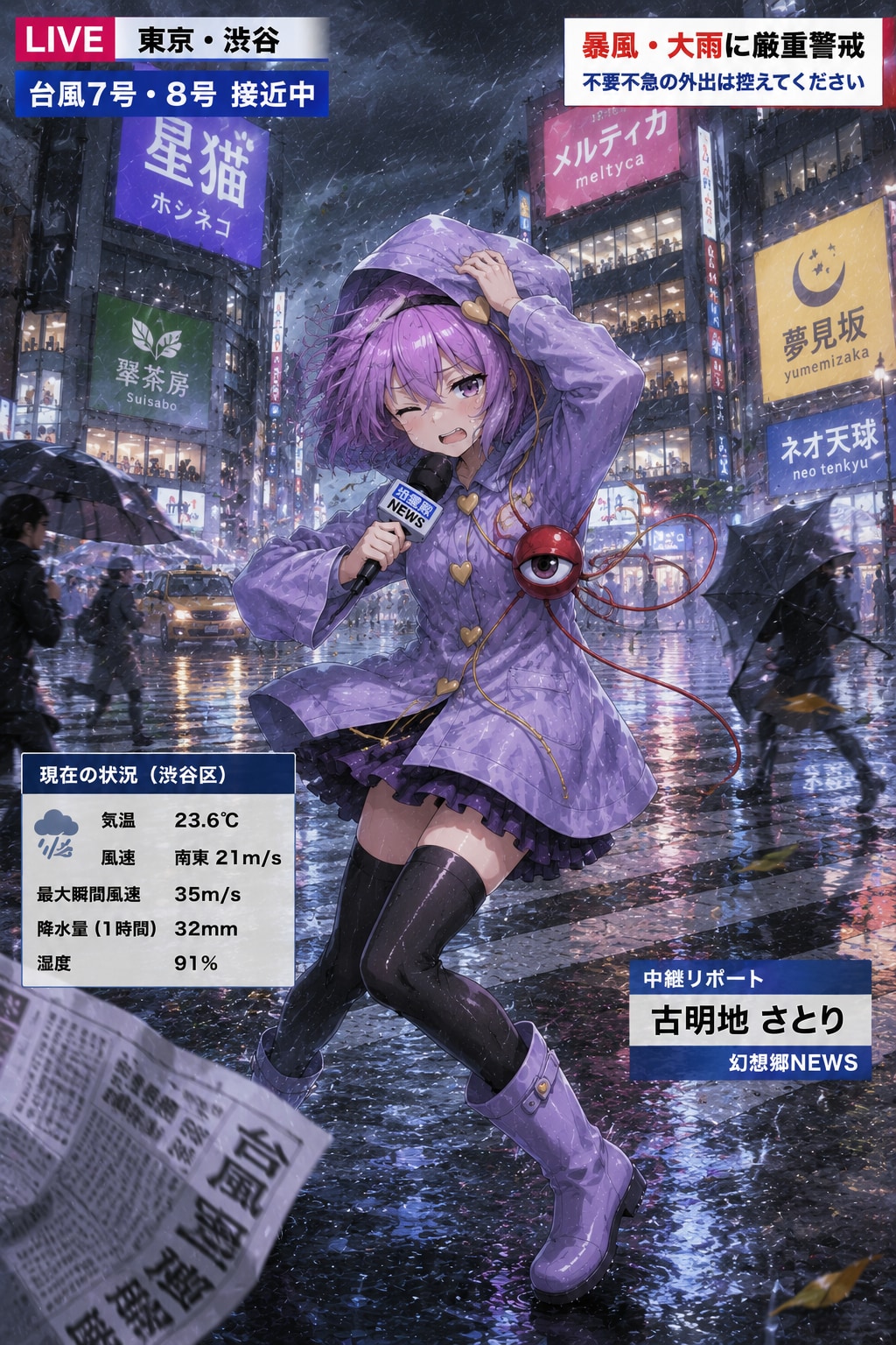 台風中継をするさとりちゃん