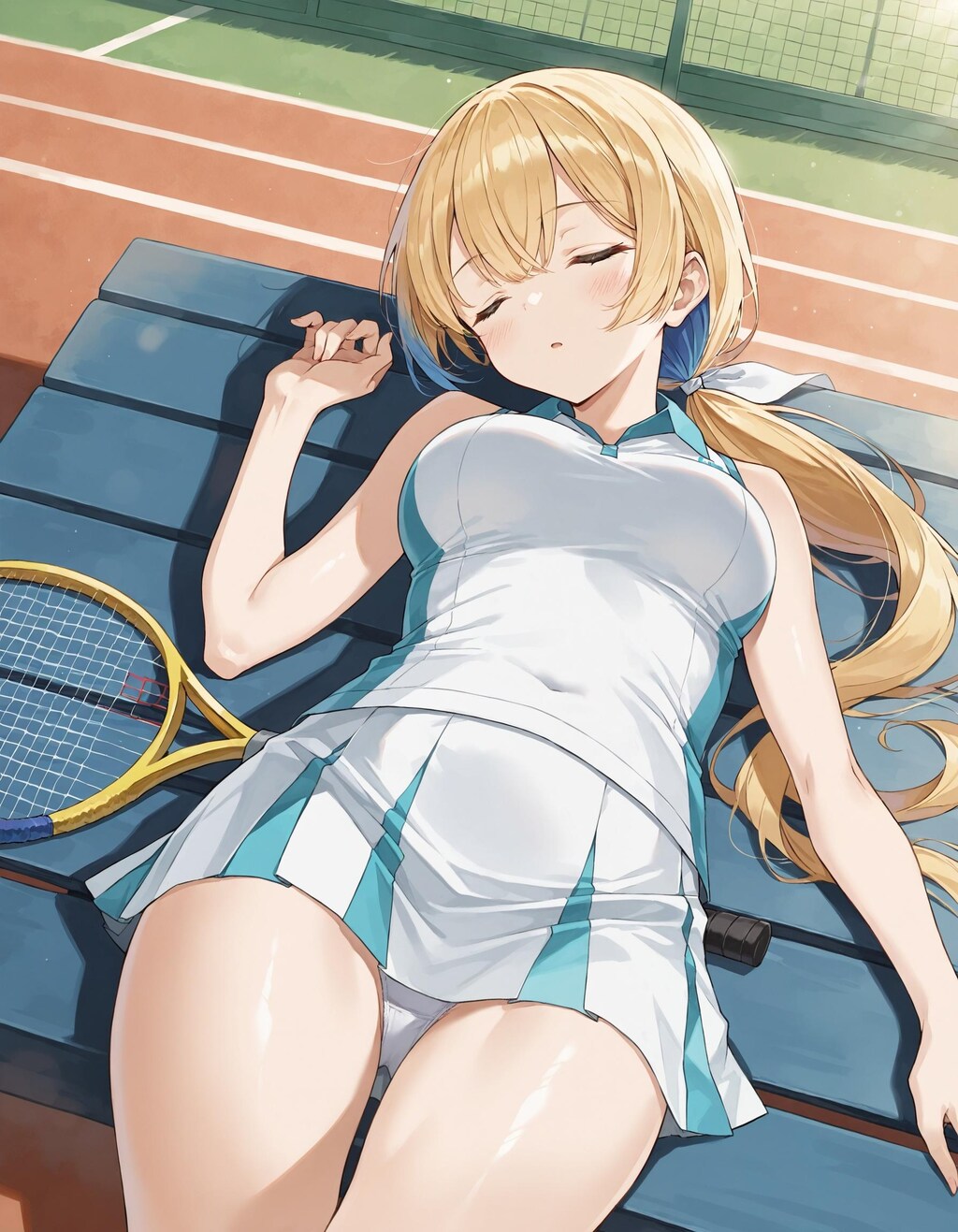 テニスウェアで寝そべりパンチラ