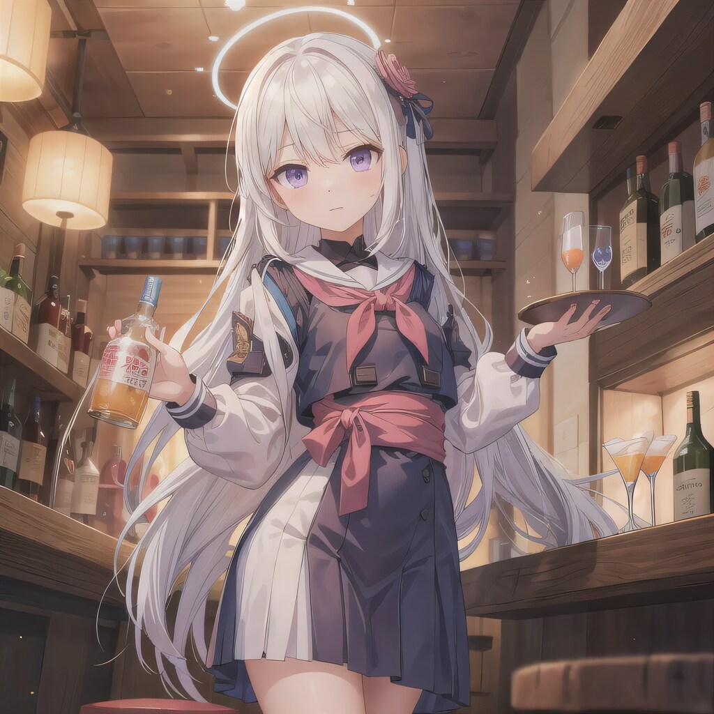 白髪ロングで酒場の少女