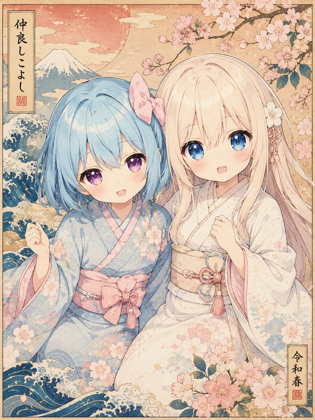 仲良しこよし（浮世絵風）