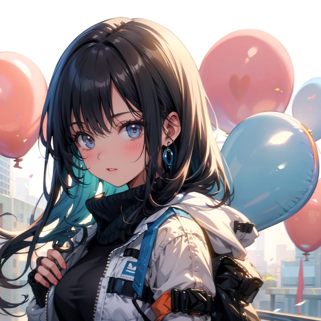 いっぱい風船を持つダウンジャケット着た黒髪ロングの美女。