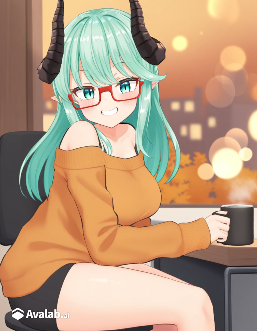 セーターを着てコーヒーを飲むシルヴィアちゃん