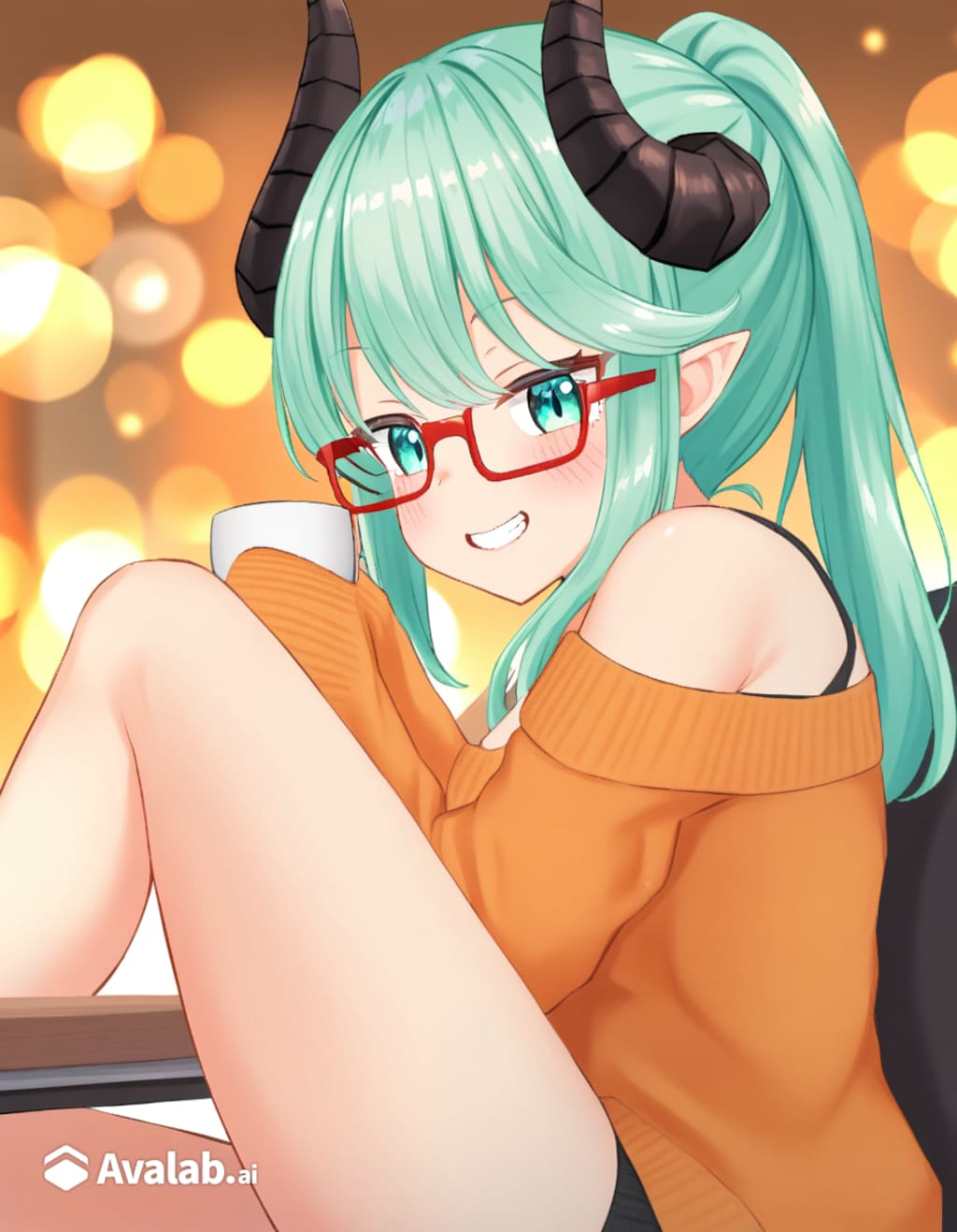 セーターを着てコーヒーを飲むシルヴィアちゃん