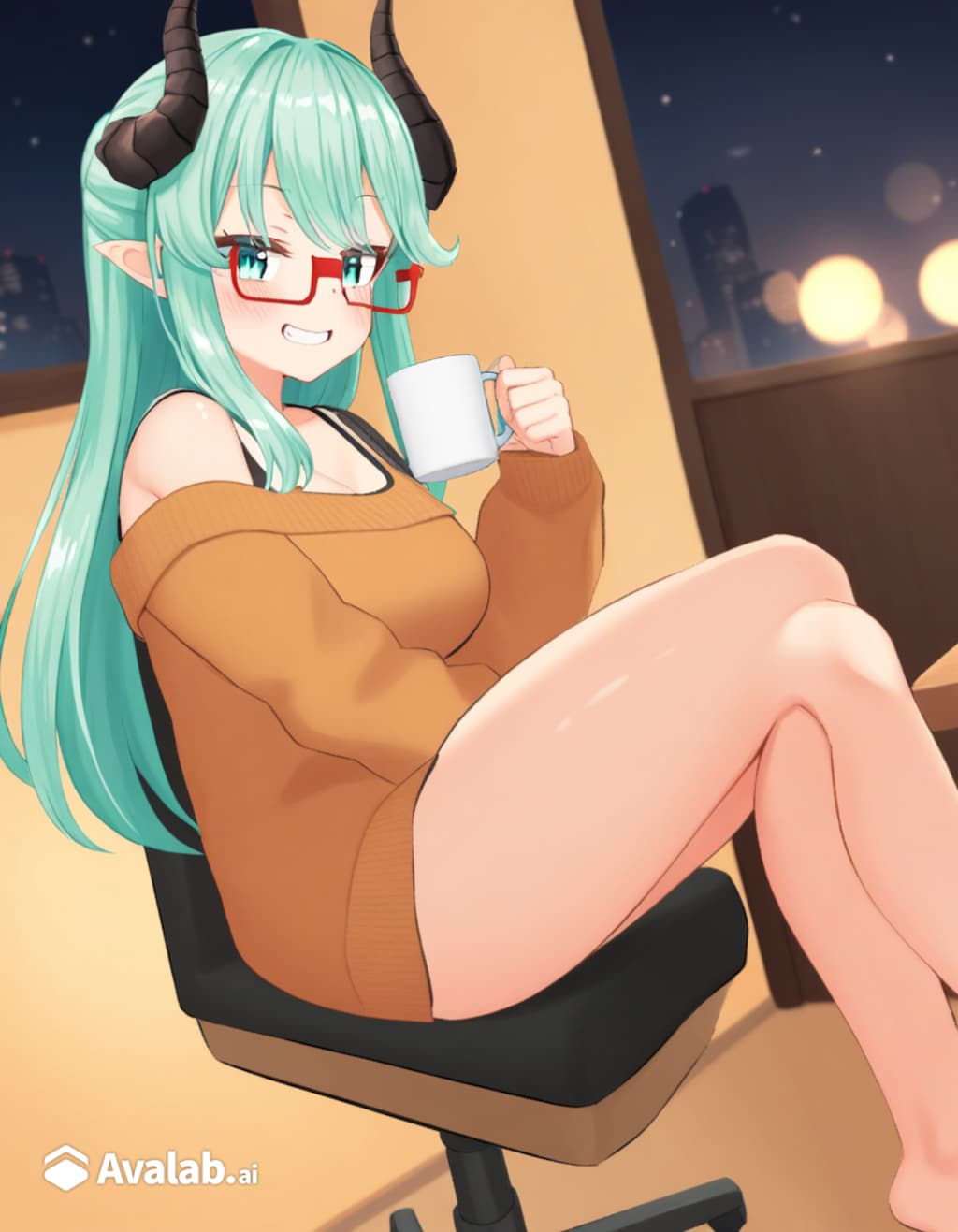 セーターを着てコーヒーを飲むシルヴィアちゃん