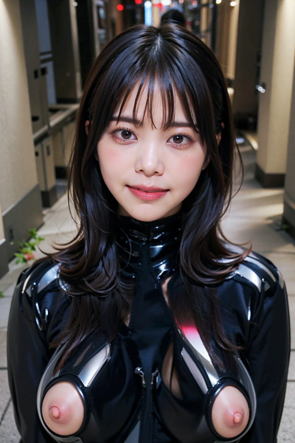 黒ラテックスボディースーツでポロリ