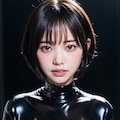 黒ラテックスボディースーツでポロリ 2枚目