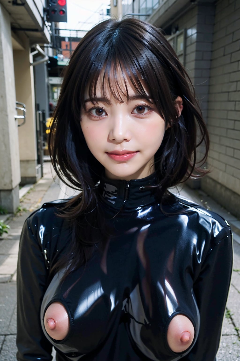 黒ラテックスボディースーツでポロリ